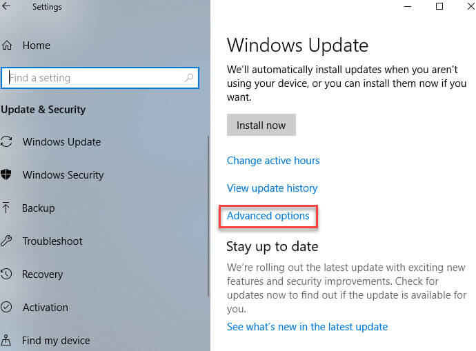 windows advance update option