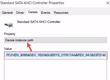 SATA AHCI controller device instance path