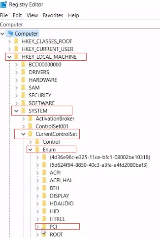 registry location to pci
