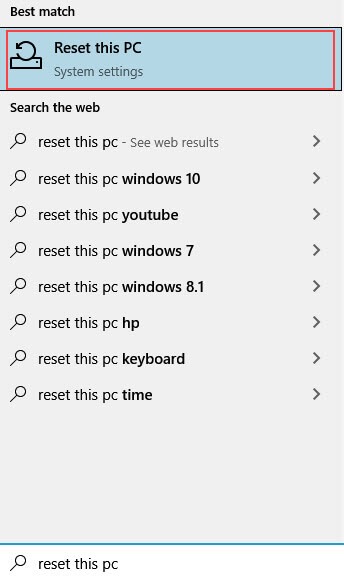 reset this pc from search