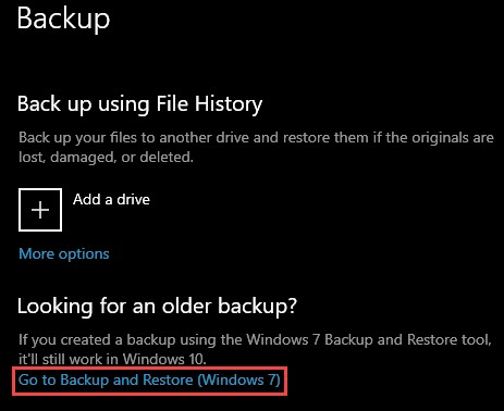 windows backup option from setting