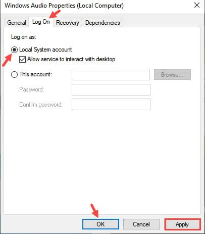 Windows audio services properties log on tab