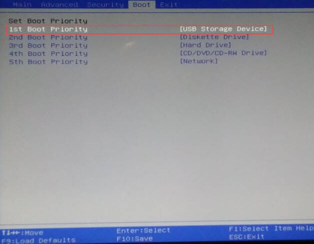 bios first boot priority option usb drive