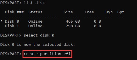 cmd command create partition efi