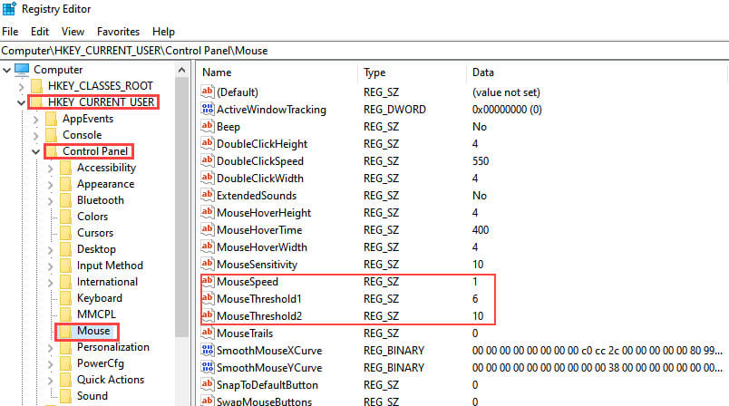 disable mouse acceleration in registry editor