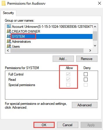 select system under permission for audiosrv