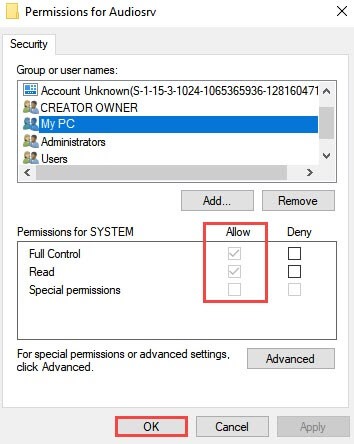select username under permission for audiosrv