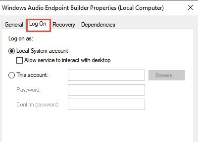 windows audio endpoint builder log on tab