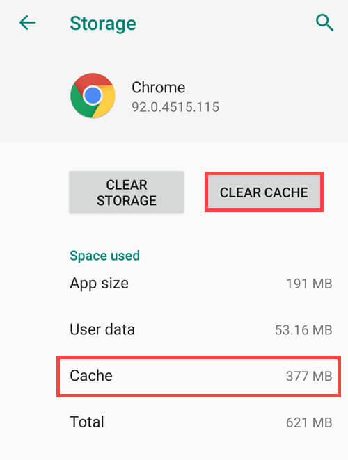clear cache of android app