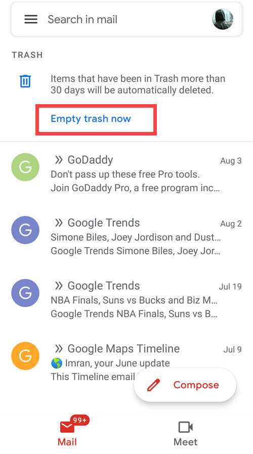empty gmail trash bin