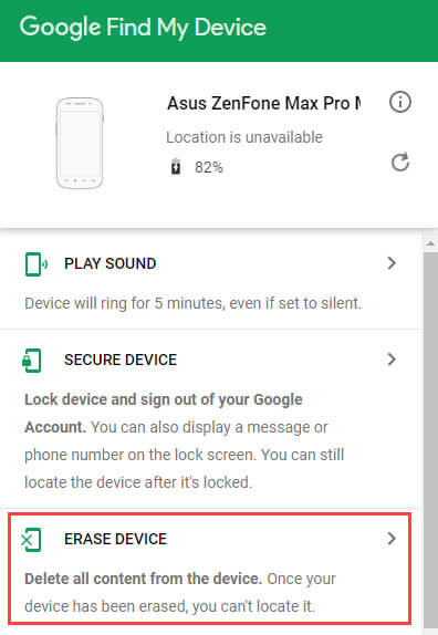 google find my device erased phone
