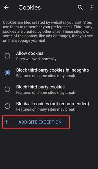 add site exception for cookies in chrome