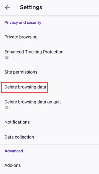 delete browsing data option in firefox