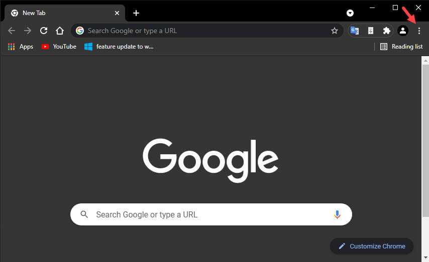 google chrome menu option