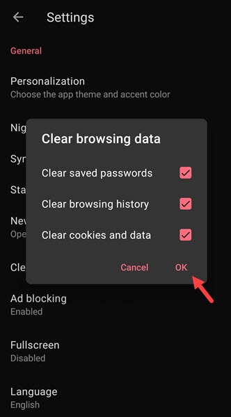 opera mini clear browsing data