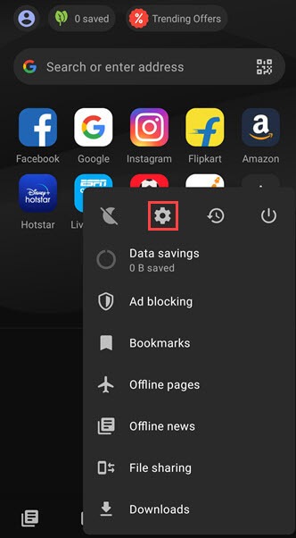 opera mini settings option