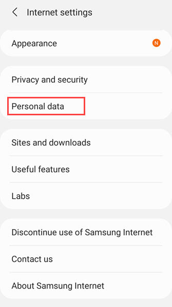 samsung internet personal data settings