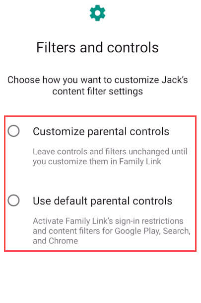 settings for customize parental control