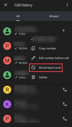 block call history number on android