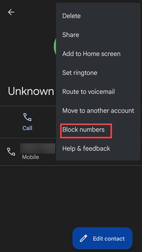block number in contact info on android