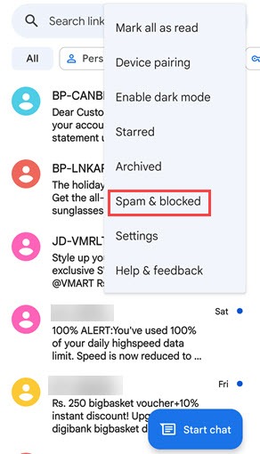spam and block settings in message app
