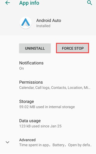 force stop android auto app