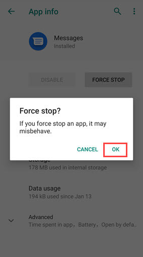 force stop message app