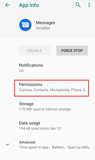 message app permission option