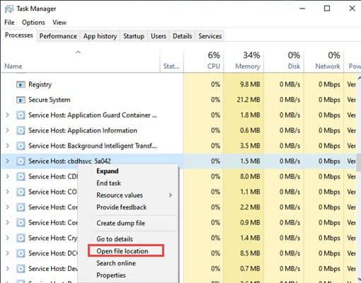 open file location option in task manager