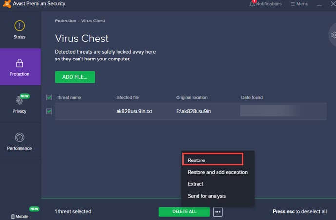 restore a file from avast virus chest