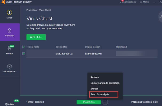send for analysis a file from avast virus chest