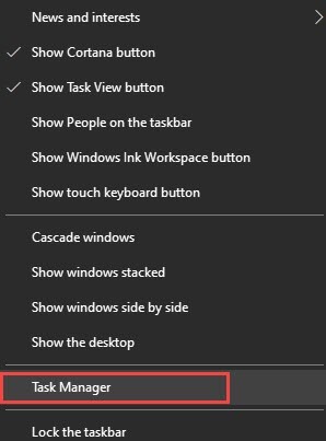 task manager option in windows 10