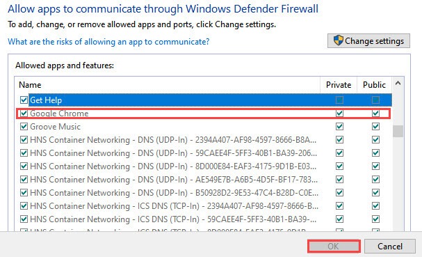 allowed chrome in firewall