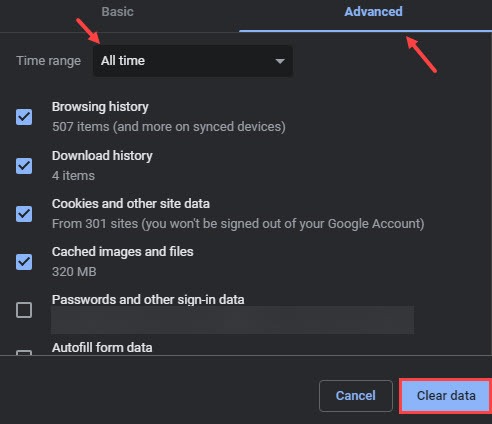 clear chrome browsing data