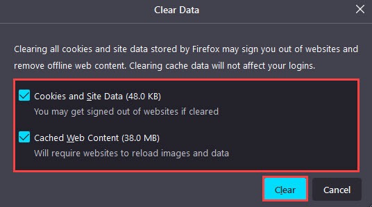 firefox clear cookies and cache