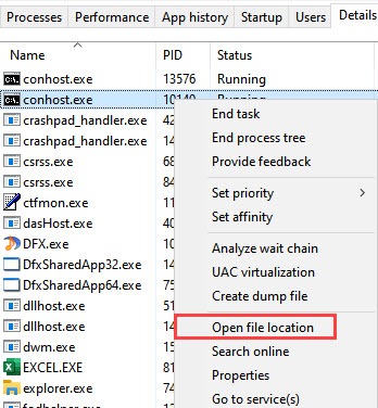 open file location conhost exe in task manager