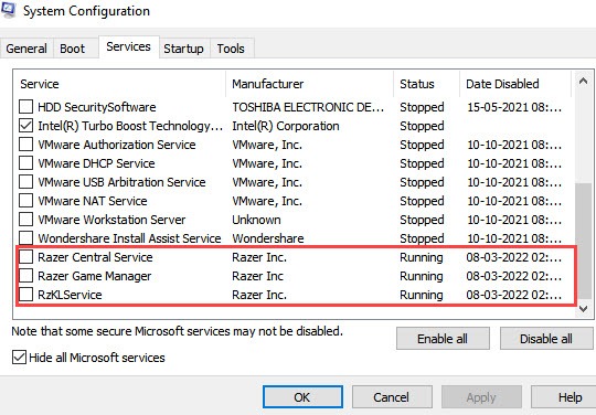 system configuration disable services