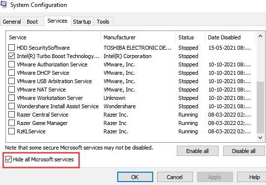 system configuration hide all microsoft services