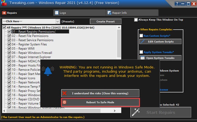 tweaking.com windows repair boot into safe mode