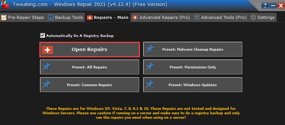 tweaking.com windows repair open repair